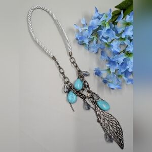 Blue Turquoise Stone And Feather Design Vintage Y2K Statement Necklace
